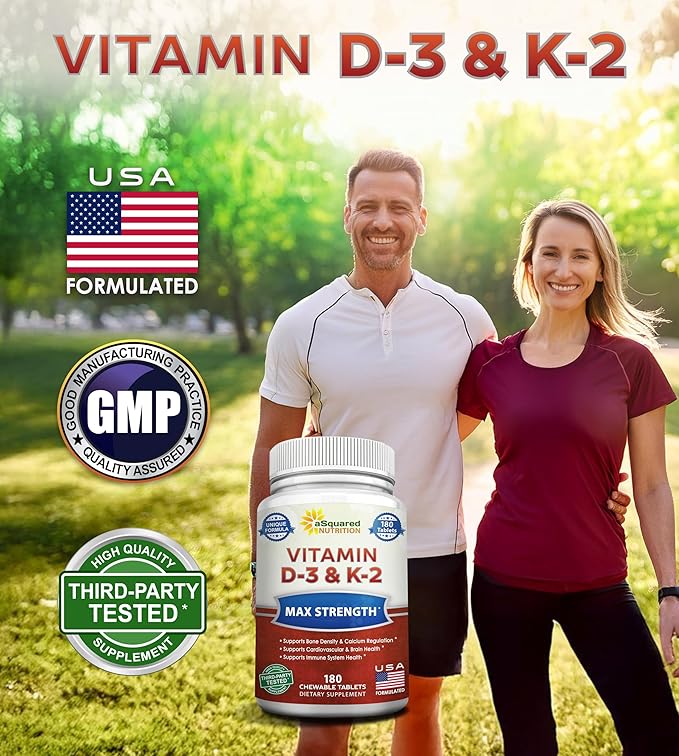 aSquared Nutrition Vitamin D3 with K2 Supplement-180 Chewable Tablets, Max Strength D-3 Cholecalciferol & K-2 MK7 to Support Healthy Bones, Teeth, Heart -Antioxidant D3 & K2 MK-7 Energy Formula Adults