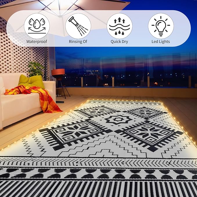 8x10ft Waterproof Outdoor Rug with LED Lights, Boho Reversible Plastic Straw Mat for Patio RV Camping Picnic Balcony Beach Deck Indoor Outdoor Carpet, Black&White