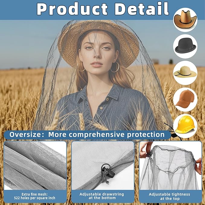 2 Pack Ultra Large Mosquito Net 42x25 Inches Mosquito Head Net Oversized Insect Netting Bug Fits Most Hats for Gardening Hiking Fishing Traveling(Gray)
