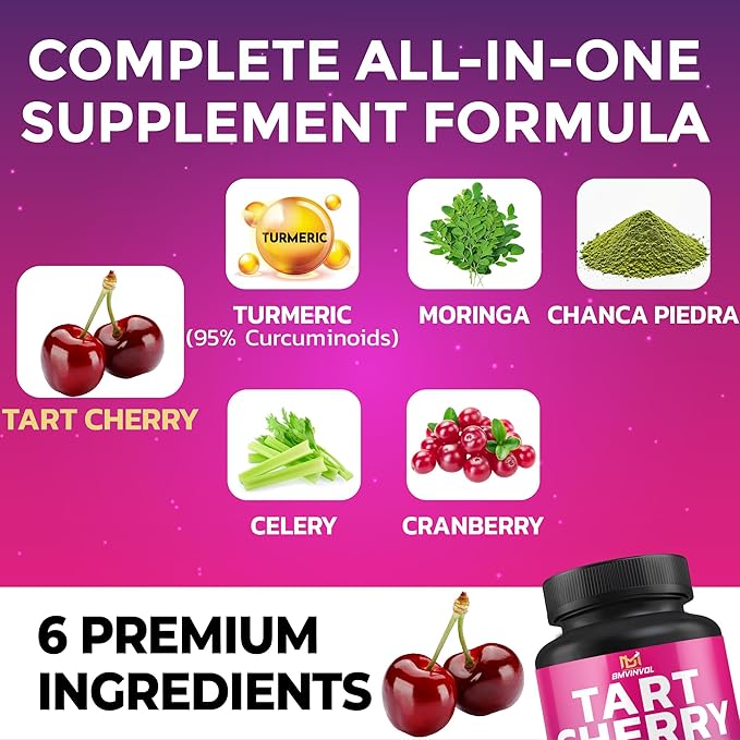 BMVINVOL Tart Cherry 20:1 Extract - Plus Moringa, Chanca Piedra, Celery, Cranberry Extract and More - 90 Capsules - 3 Month Supply