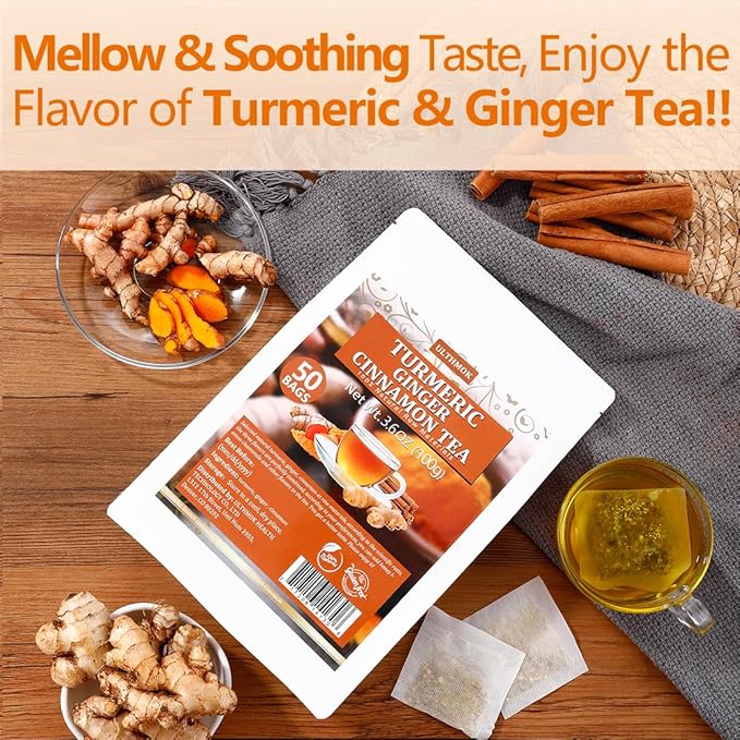50 Premium Turmeric, Ginger, Cinnamon Blend Tea Bags, 100% Natural & No Additives & Caffeine Free.