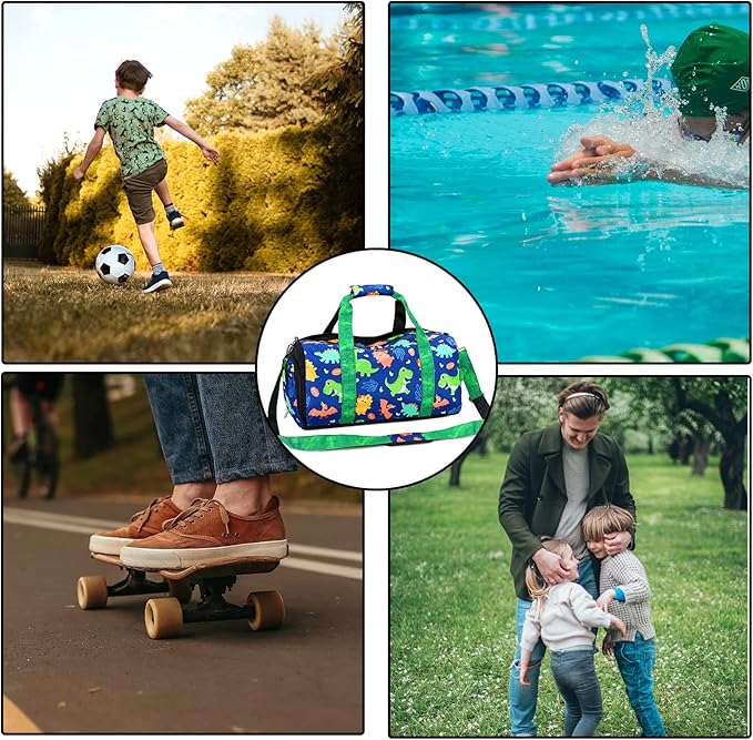 LOIDOU Duffle Bag for Boys Sport Gym Bag Kids Overnight Bag Girls Weekender Bag with Wet Pocket & Shoe Compartment (Dinosaur Navy)