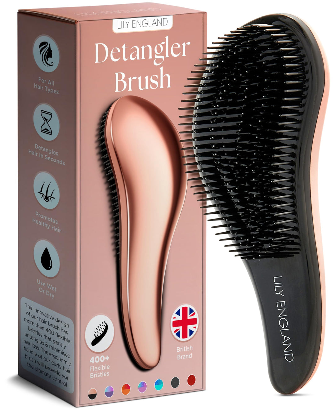 Lily England Detangler Brush for Curly, Thick, Straight & Natural Hair - Gentle Detangling Hair Brush for Women, Kids & Toddlers with Flexible Bristles - Smooth Hairbrush for Wet & Dry Hair, Rose Gold