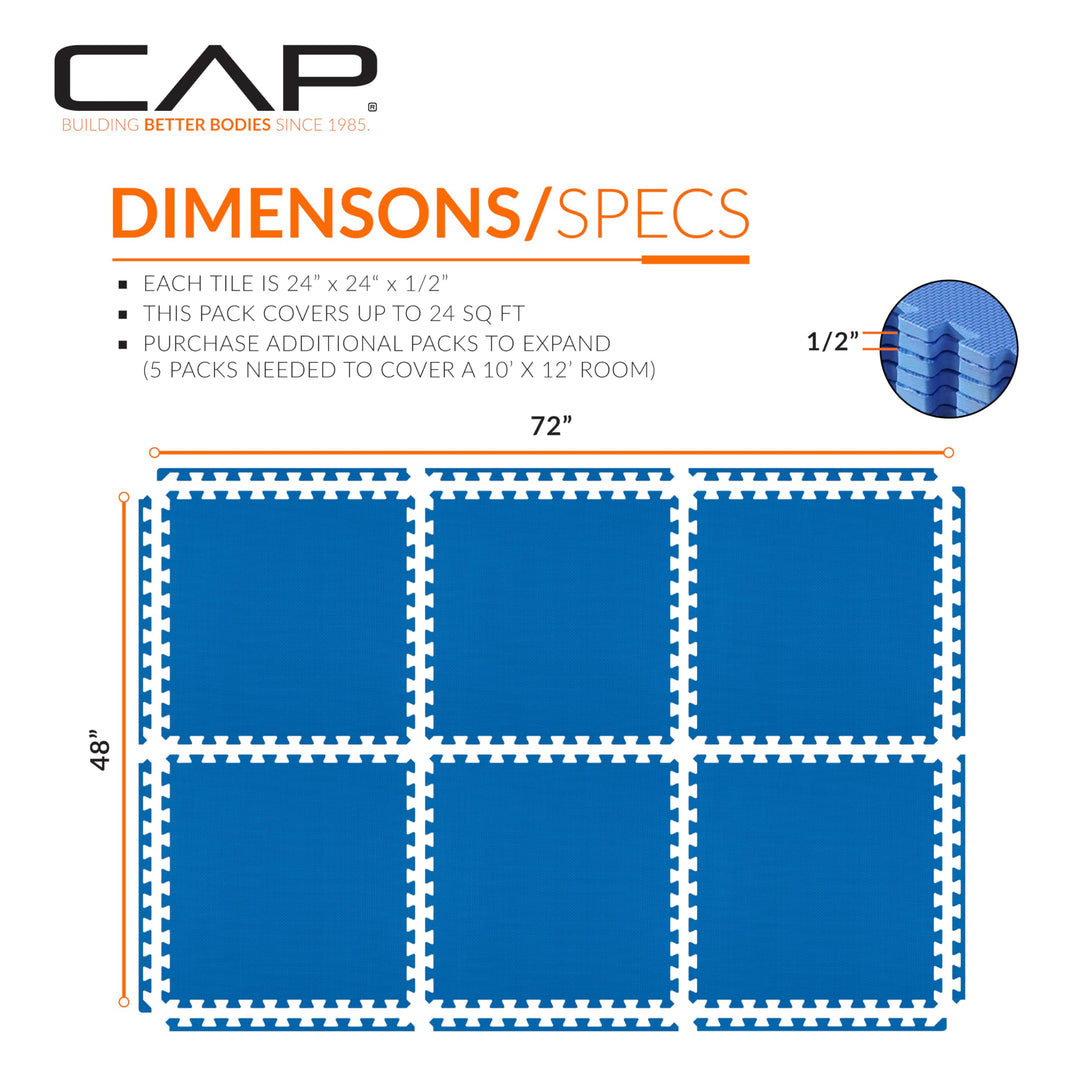 CAP Barbell 1/2-Inch Interlocking EVA Foam Exercise Puzzle Mats - 1 Pack | 24" x 24" x 1/2" | T Pattern - Blue