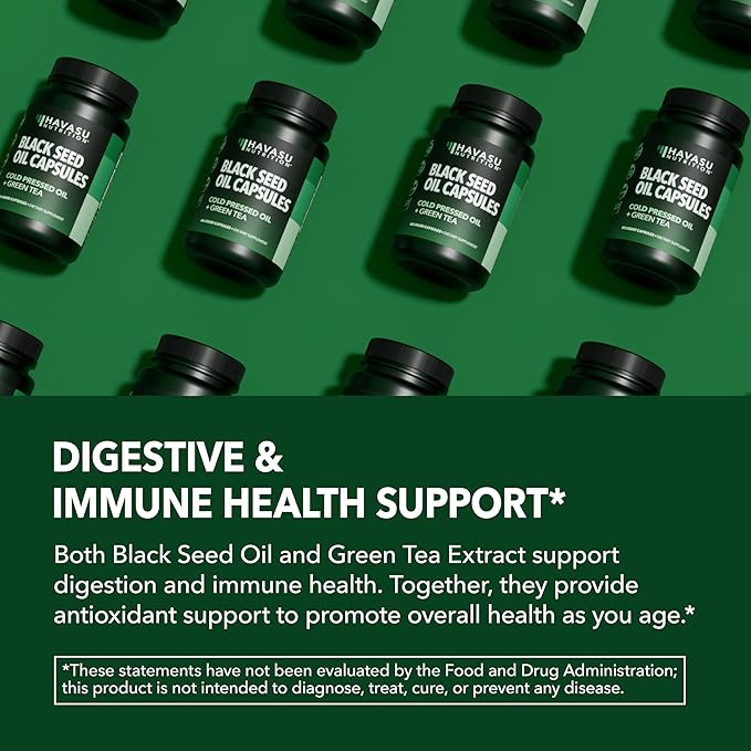 Cold Pressed Black Seed Oil Liquid Capsules with Green Tea Extract for Energy and Digestive Health Support - 60 Count - Nigella Sativa Supplement - Unflavored, Vegan, Non-GMO - 1 Month Supply