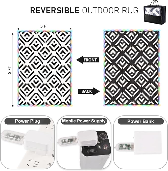 Outdoor Rug 5x8Ft, 16 Colors Plug in 160LEDs Waterproof Outdoor Rug, Waterproof Plastic Reversible Outdoor Straw Rug, Large Area Rug for RV Camping Deck Patio Beach Balcony Backyard Picnic