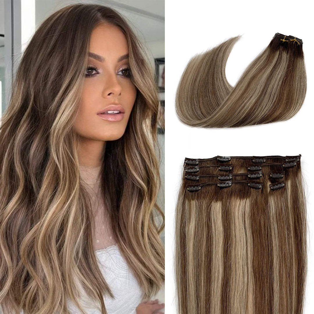 Clip In Hair Extensions Real Human Hair Balayage Brown To Ash Brown And Bleach Blonde Clip On Extensions 22 Inch Full Thick Bala