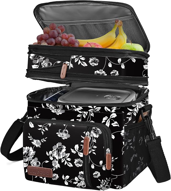 MIYCOO Lunch Bag for Women Men Double Deck Lunch Box - Leakproof Insulated Soft Large Lunch Cooler Bag, (White Flower,15L)