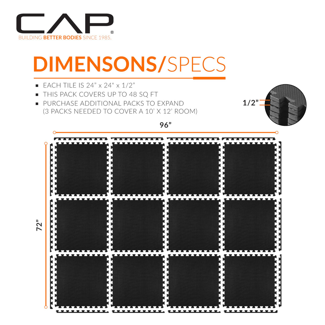 CAP Barbell 1/2-Inch Interlocking EVA Foam Exercise Puzzle Mats - 2 Pack | 24" x 24" x 1/2" | T Pattern - Black
