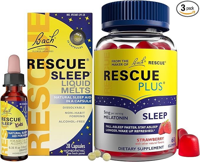 RESCUE Nighttime Sleep Aid Bundle, 3Pk - Bach Sleep Kids Dropper, 10mL Sleep Liquid Melts, 28Ct Plus Sleep Gummies with 5mg Melatonin/dose, 60Ct