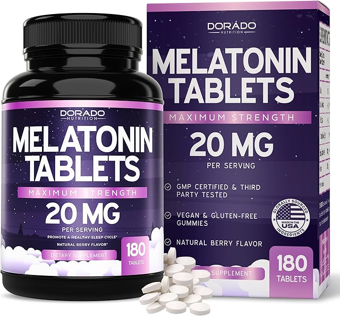 Melatonin 20mg Tablets for Adults (180 Count) - Quick Dissolve with 20mg of Melatonin Per Tablet - High Potency, Gluten-Free, Non-GMO, Vegan - Mixed Berry Flavor - Bulk Supply - USA Made