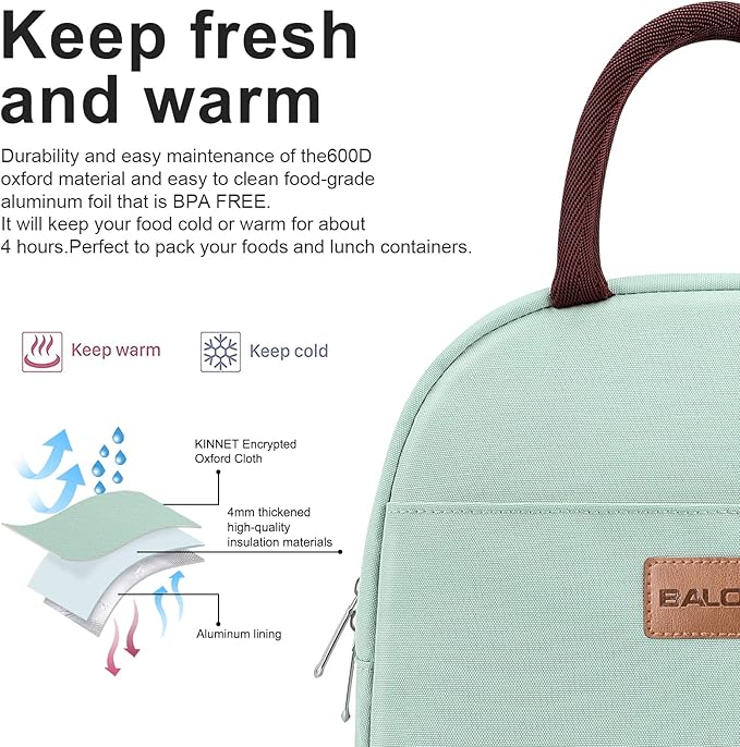 BALORAY Lunch Bag for Women Men Insulated Lunch Box for Adult Reusable Lunch Tote Bag for Work, Picnic or Travel (Mint Green)