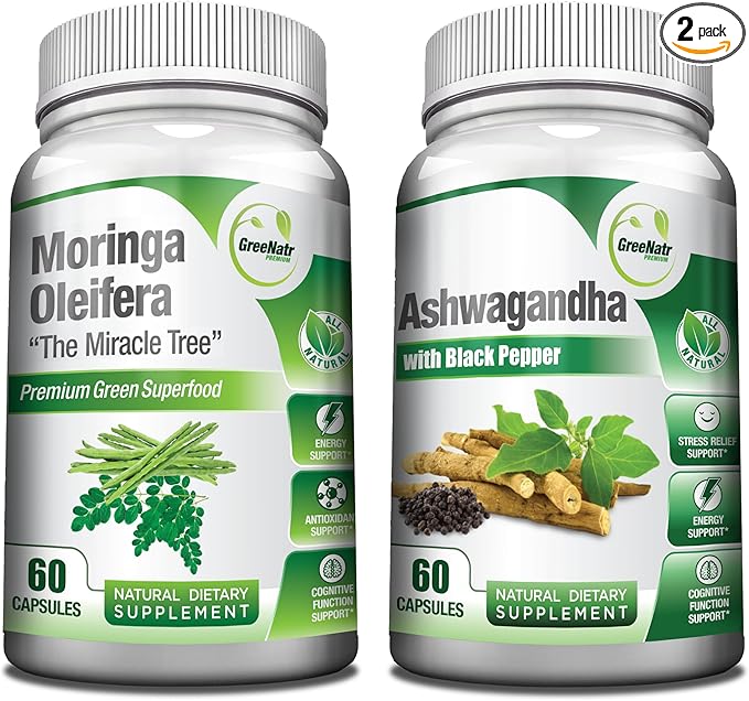 Pure Moringa Oleifera Leaf Extract Plus Ashwagandha with Black Pepper for Enhanced Absorption - Stress Relief, Mood Enhancer with Energy and Cognitive Function Support