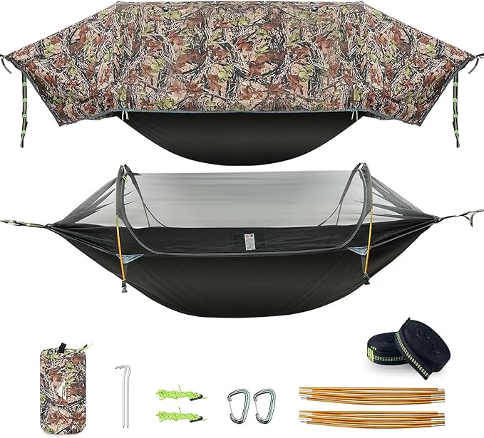 Camping Hammock Tent with Mosquito Net & RainFly, 3 in 1 Waterproof Lightweight Portable Sleeping Hammock Bug, Travel Outdoor Gear with Tree Strap Swing, for Hiking Patio Expedition
