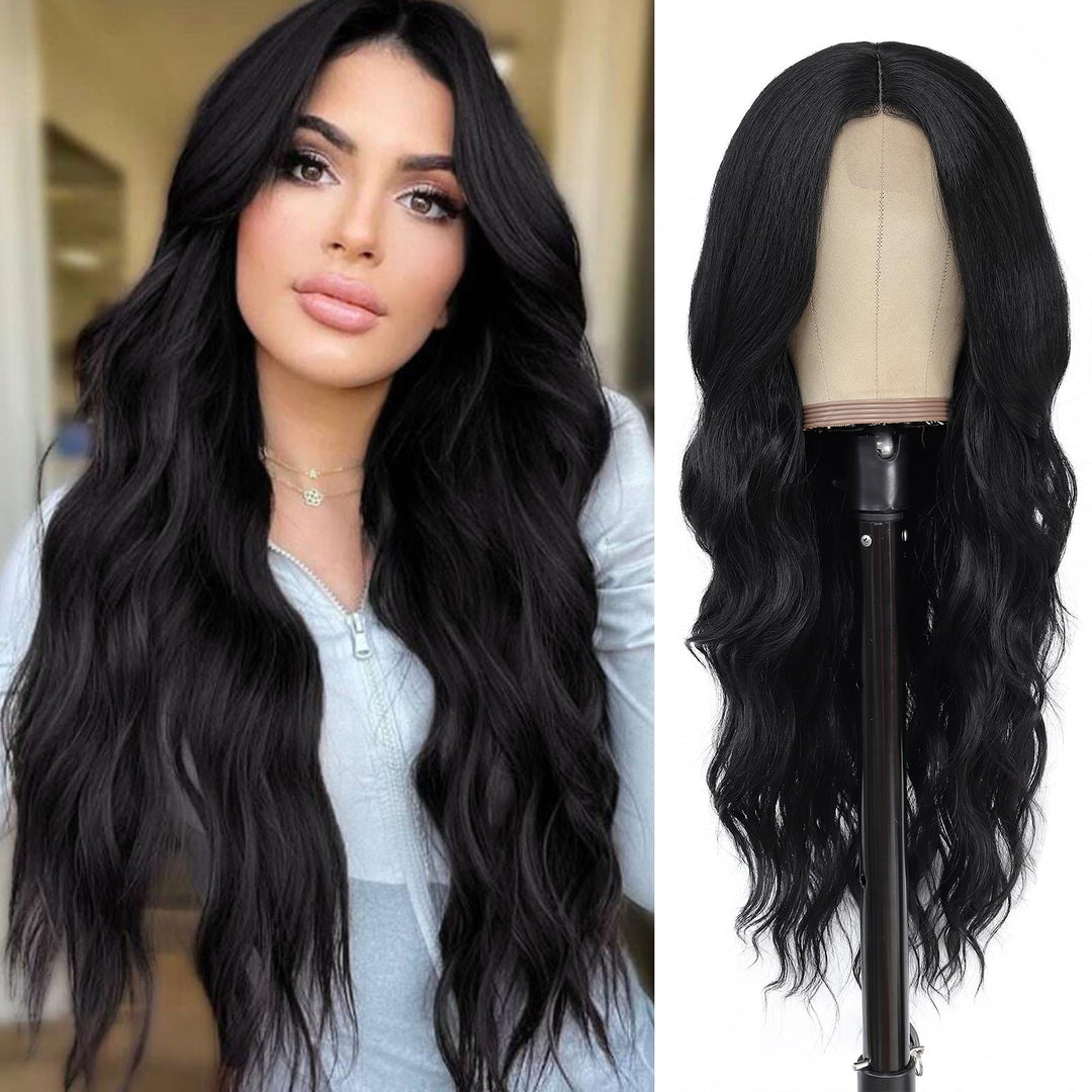 NAYOO Long Wavy Wigs for Women Black Middle Part Wig Synthetic Heat Resistant Fiber Women Wigs for Daily Party Use 26 Inch (Black)