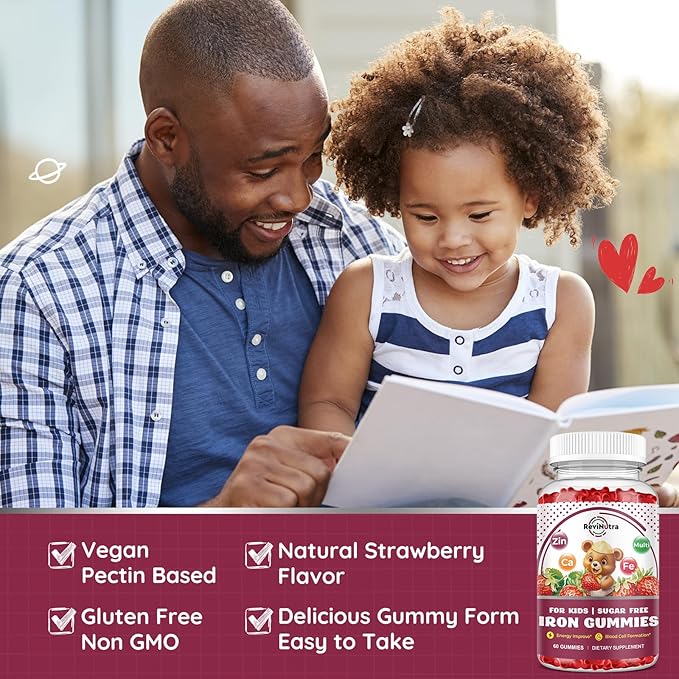 Iron Supplement Gummies for Kids - with Calcium, Zinc, Kids Multivitamin with Iron Gummies - Immune Support, Blood Builder & Energy Support for Iron Deficiency - 2 Pack Strawberry Flavour, 60 Gummies