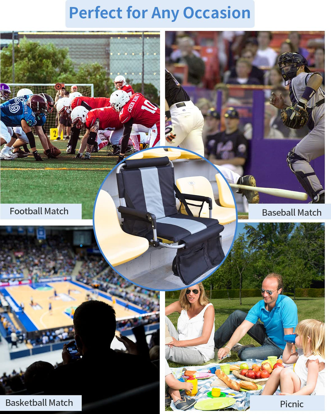 AOOXIMI Stadium Seats for Bleachers with Back Support, Bleacher Seats with Backs and Cushion Wide, Stadium Chairs with Cup Holders, Mesh Bags and Hide Hooks, for Basketball and Football Bench Seats