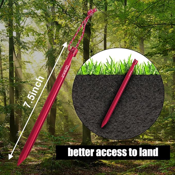 6 Pieces Tent Stakes Heavy Duty Camping Stakes, QEBAJI 7.5 inch Rust-Free Metal Tent pegs Ground Stakes Tent pegs Camping，6pack Red