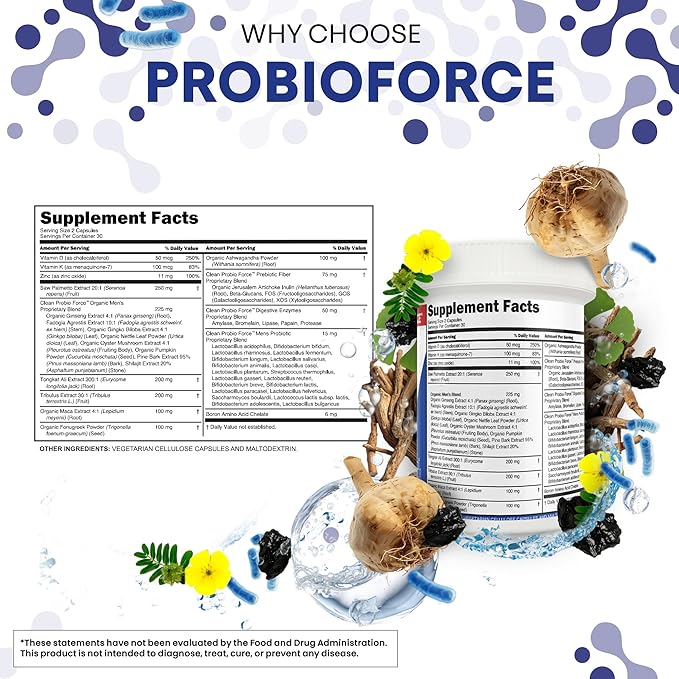 Clean Nutra Probiotics for Men | Tongkat Ali, Saw Palmetto, Tribulus, Ginseng, Ashwagandha, Maca, Pumpkin, Gingko Biloba, Pine Bark, Fenugreek, Shilajit, Zinc - Mens Probiotic 60 Capsules