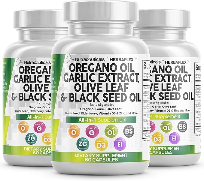 Clean Nutraceuticals Oregano Oil Garlic Extract Olive Leaf Black Seed Oil - Immune Support & Digestive Health Supplement for Women and Men with Vitamin D3 & Zinc - 3Pack