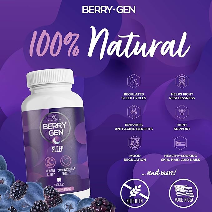 Berry Gen: Sleep Aid Supplement with Melatonin and Vitamin B6-60 Capsules - Natural Formula - Supports Heart Health and Helps Deeper, Restful Sleeping - Made in The USA