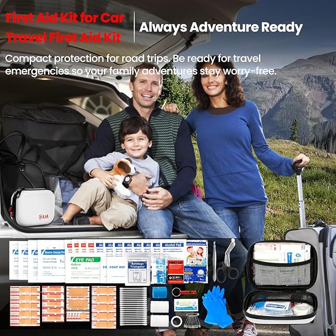 120-Piece First Aid Kit for Travel,Car & Emergency Survival - Compact Waterproof Medical Supplies with Trauma Bandages,Burn Gel & Fever Cooling Patch | Portable for Camping,Hiking,Sports(White)