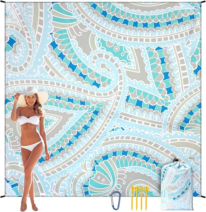 Beach Blanket Sandproof Extra Large Beach Mat Adults Waterproof Quick Drying Sand Free Mat Made by Premium Polyester with 4 Stakes & 4 Corner Pockets for Outdoor Travel Camping Hiking