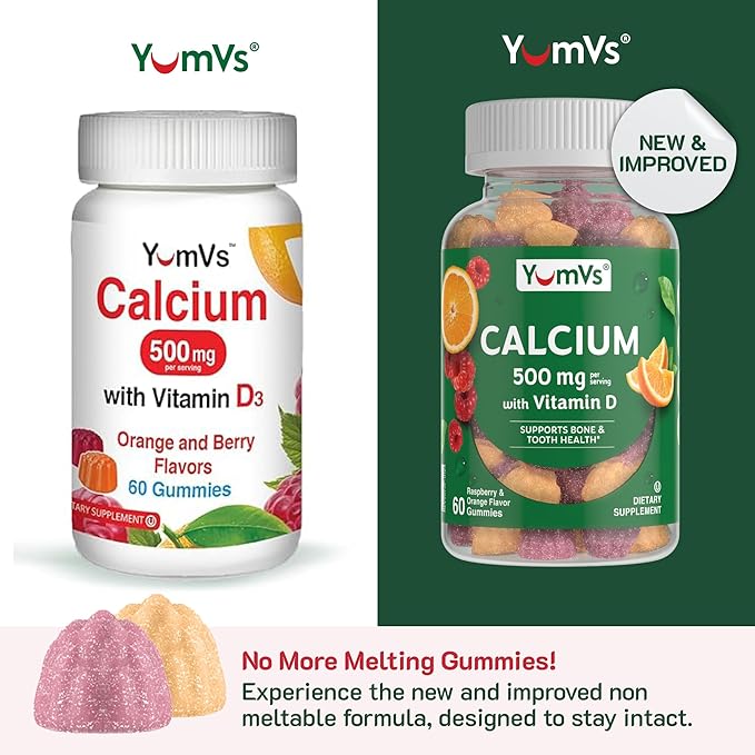 YumVs Calcium 500mg with Vitamin D3 - Raspberry & Orange Flavor Calcium Vitamin D Gummies, Chewable Calcium Supplement for Kids & Adults, Vitamin D Calcium Gummies, Kosher Halal Gluten Free (60 Count)