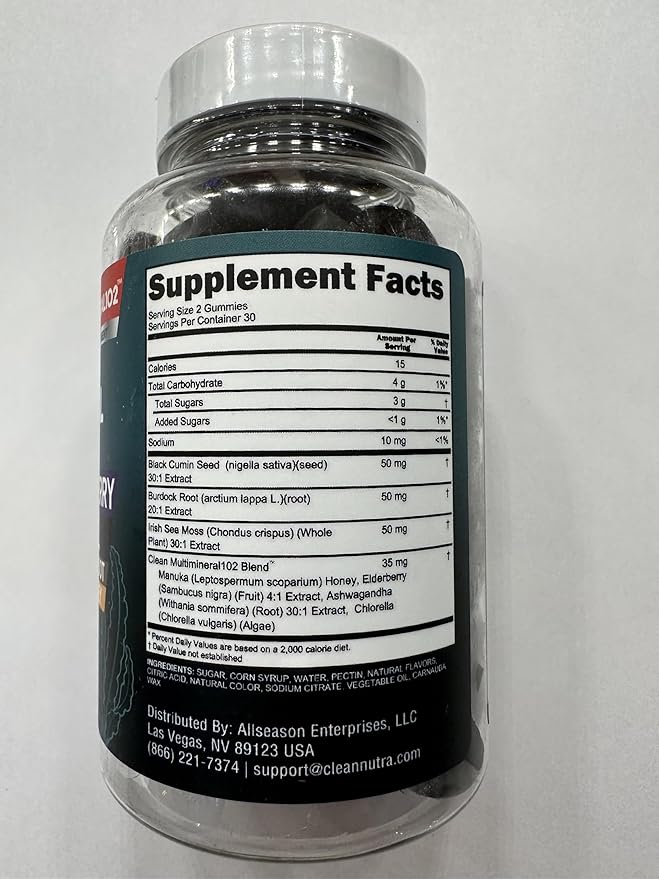 Clean Sea Moss Gummies | Black Seed Oil Ashwagandha, Elderberry, Burdock Root, Chlorella, Manuka Honey - Vegan Irish Sea Moss Gummy Vitamins For Adults Kids Men Women - Multimineral Green Apple Flavor