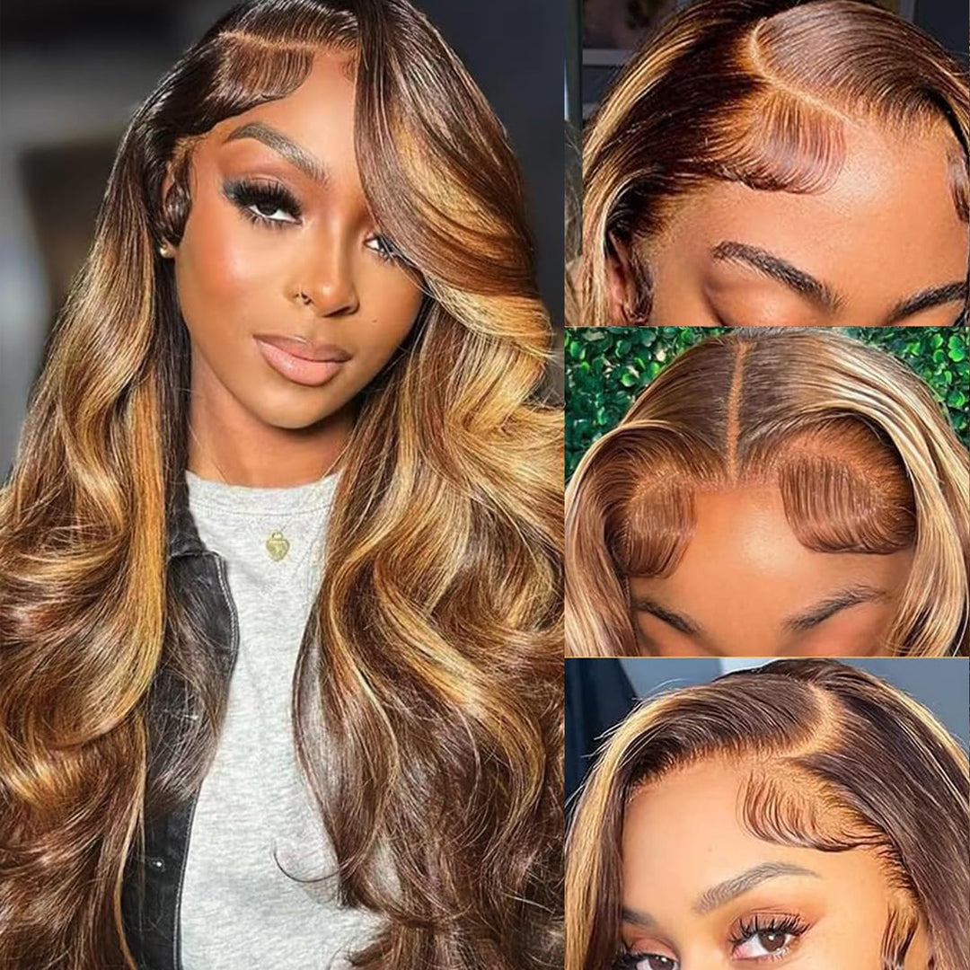 SPOU 13x6 Highlight Ombre Lace Frontal Wigs Human Hair 4/27 Honey Blonde 180% Density Body Wave Wig for Women HD Transparent Lace Front Wig with Highlights Colored Glueless Wigs Human Hair 24 Inch