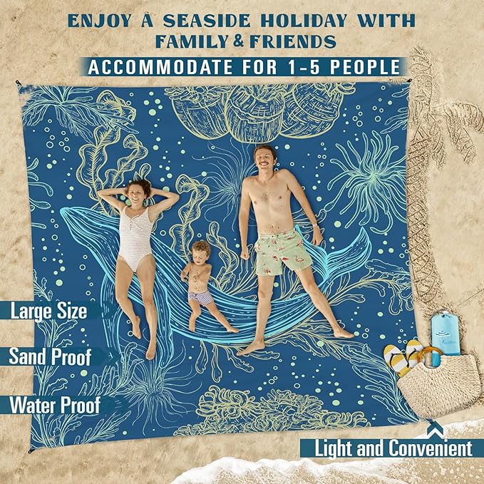 Beach Blanket Sandproof Waterproof 78''×81''1-5Adults Oversized,Compact Lightweight Durable Beach Mat for Travel Camping Hiking Picnic Blanket