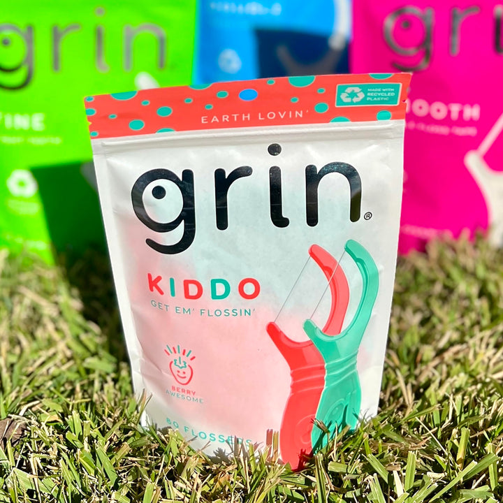 GRIN Kiddo Flossers, Berry Awesome Flavor, Recycled Plastic, Jumbo Grip, Get Your KIDDOS Flossin’ Early, Larger Floss Head, Child Safe! 80 Count, Floss Picks, Dental Flossers