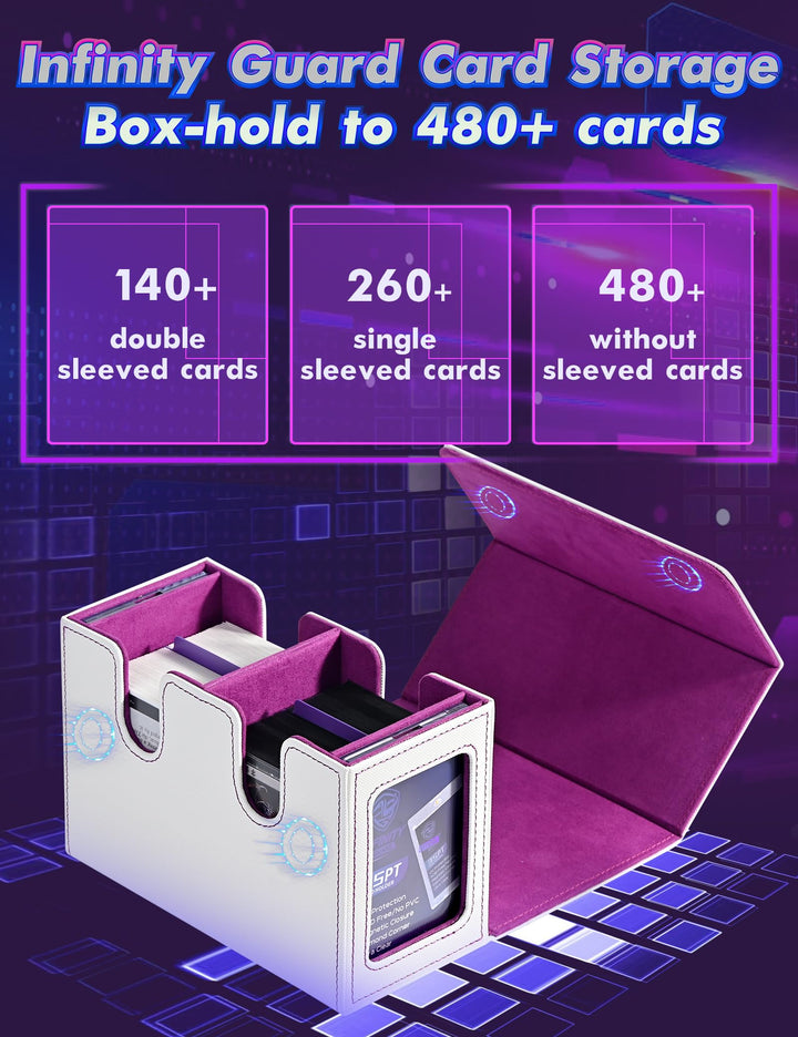 Infinity Guard MTG Deck Box with 2 Commander Display, Double Deck Box for 280+ Single Sleeved Cards, Leather Magnetic Card Storage Box Fits for TCG CCG Magic Cards (White&Purple)