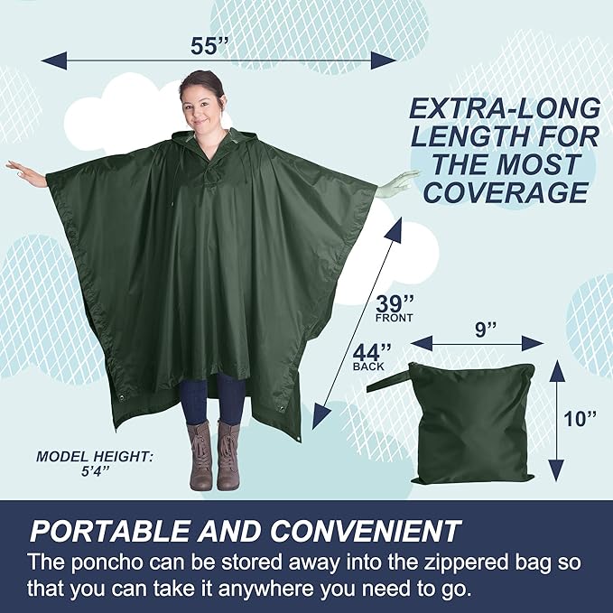 Heavy Duty Rain Poncho for Backpacking, Waterproof Lightweight for Adults, Military, Emergency, Camping, Men, Women