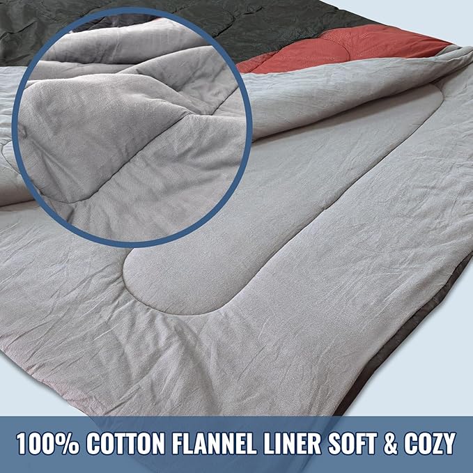 Cotton Flannel Double Sleeping Bag for Adults Machine Washable 2 Person Camping Sleeping Bag Queen Size Waterproof with Compression Sack for Cold Weather 3-4 Seasons