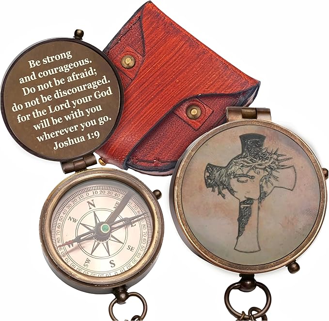 Be Strong and Courageous Brass Religious Compass Gift Confirmation Baptism Easter Christian Catholic Graduation Trekking Adventure Engraved Scripture Prayer Gift for Men Women Teenage Boys Girls