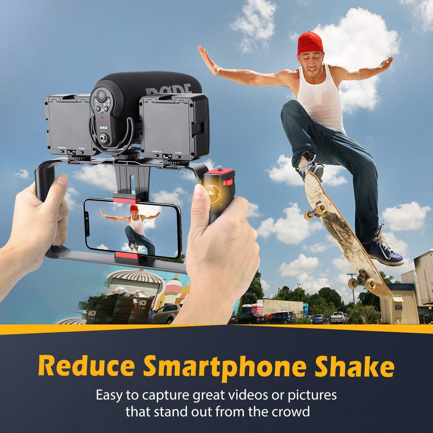 Zeadio Smartphone Video Rig, Wireless Grip Stabilizer Cellphone Tripod Mount Holder with Remote Shutter, Fits for All iPhone and Android Smartphones