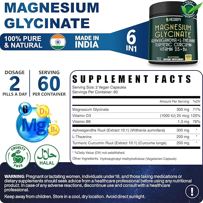 6in1 Restful Day and Night Supplement with Magnesium Glycinate, Vitamin D3, B6, L-Theanine, Ashwagandha and Turmeric Root - Brain, Heart and Digestive Health Support - 120 Vegan Capsules