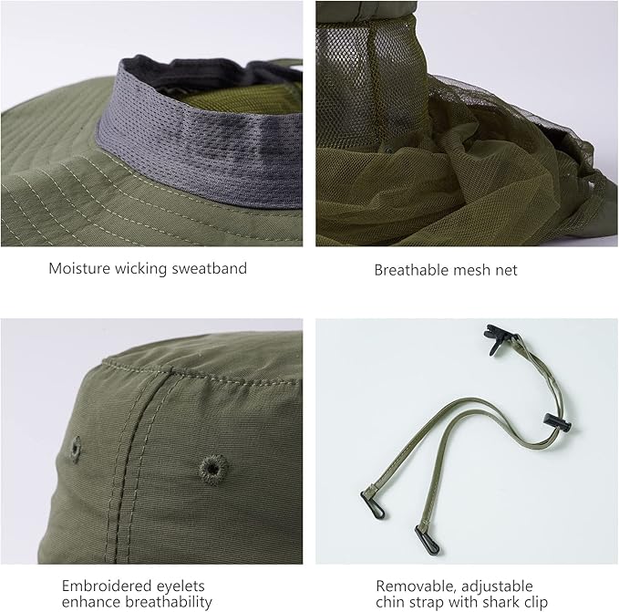 BASSDASH UPF 50+ Mosquito Sun Hat with Hidden Head Net and Neck Flap for Men Women Outdoor Fishing Hiking Camping FH16