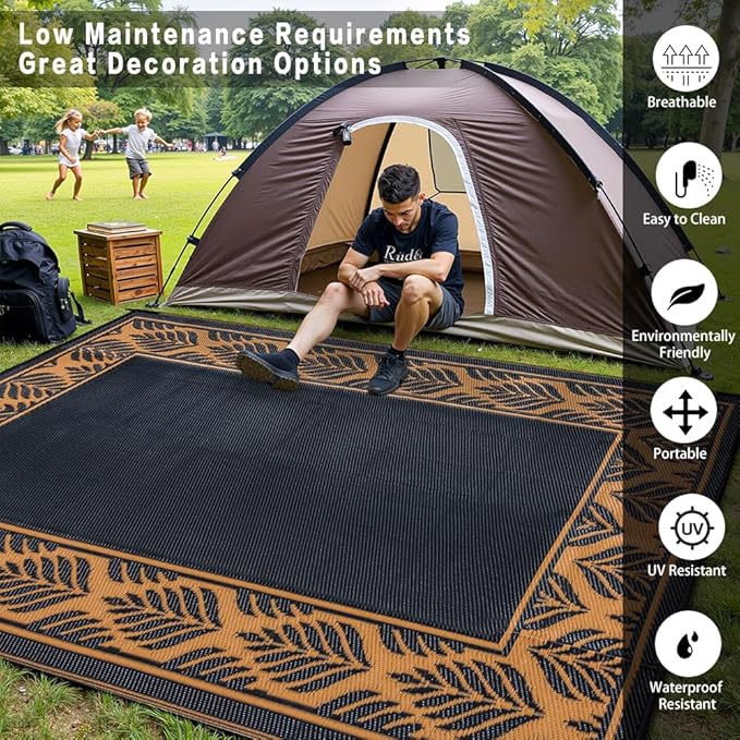 Outdoor Plastic Rug 6'x9' Waterproof Camping Carpet Outside Area Rug Reversible Brown Rugs for RV Deck Entryance Porch Picnic Balcony Beach