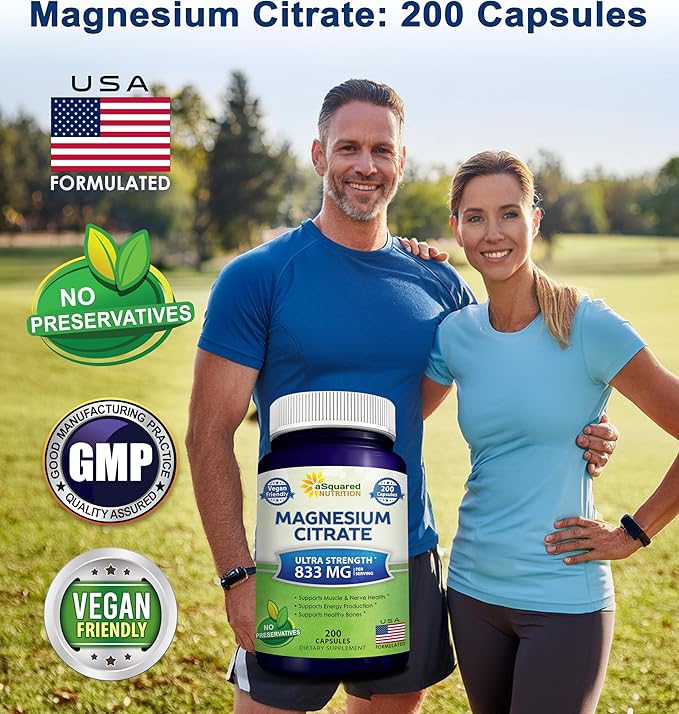 aSquared Nutrition Magnesium Citrate 833mg Supplement - 200 Capsules - Max Strength Vegan Mag Citrate Powder Pills to Support Pure Function of Muscles, Heart & Bones - Helps Increase Energy
