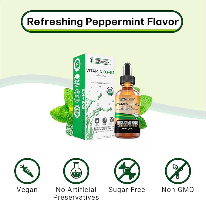 MAX Absorption, Vitamin D3 + K2 (MK-7) Liquid Drops with MCT Oil, Peppermint Flavor, Helps Support Strong Bones and Healthy Heart