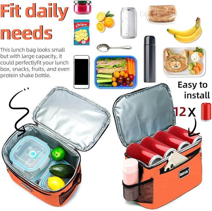 BEIMILY Lunch Box for Men/Women,Small Insulated Lunch Bag,Reusable LunchBox for work Picnic Beach,Leakproof Soft Cooler Tote Bag Organizer with Adjustable Shoulder Strap for Adults(Orange)