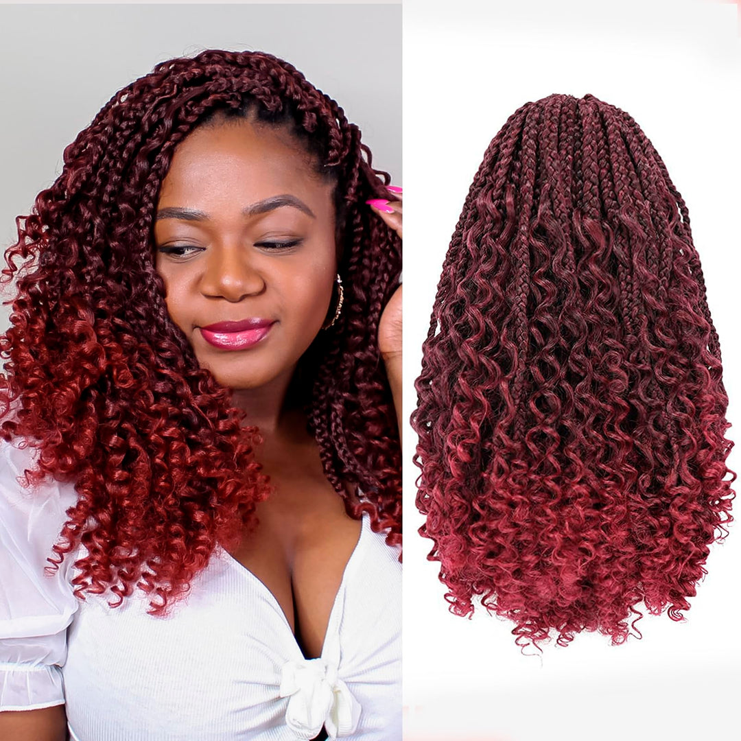 Toyotress Boho Box Braids Crochet Hair - 12 Inch 8 Packs Ombre Burgundy Box Braids Crochet Hair Curly End Crochet Braids, Short
