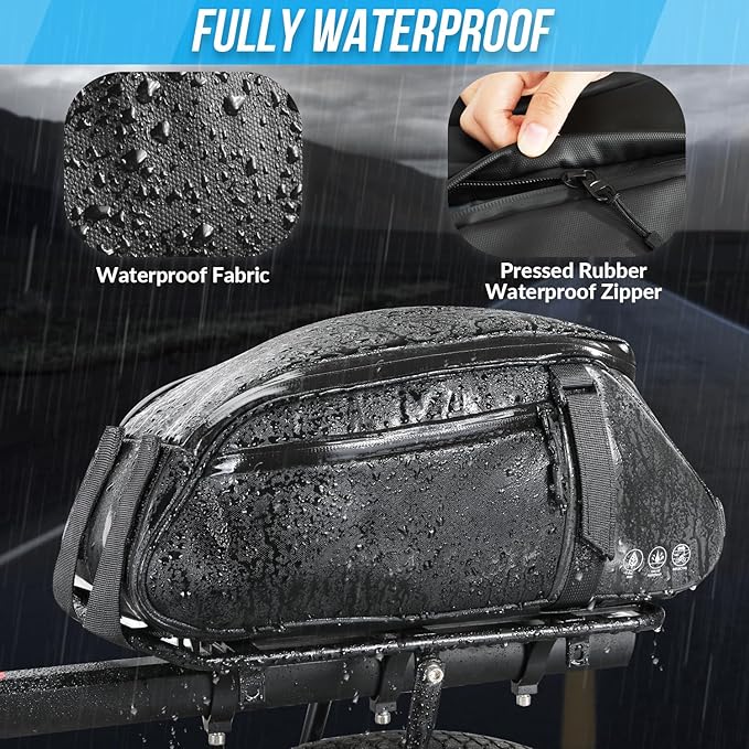 WOTOW Reflective Rear Rack Bag, Water Resistant Bike Saddle Bag Panniers for Bicycles, 8L Trunk Storage Bag, Cycling Back Seat Cargo Carrier Pouch With Shoulder Strap (With Rain Cover)