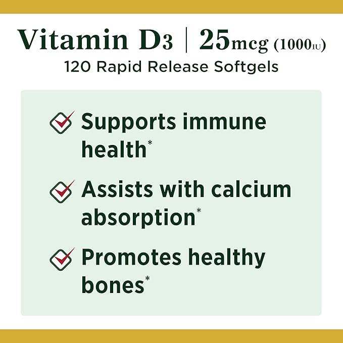 Nature's Bounty Vitamin D3 1000 100 mg Soft Gels, 120 Count