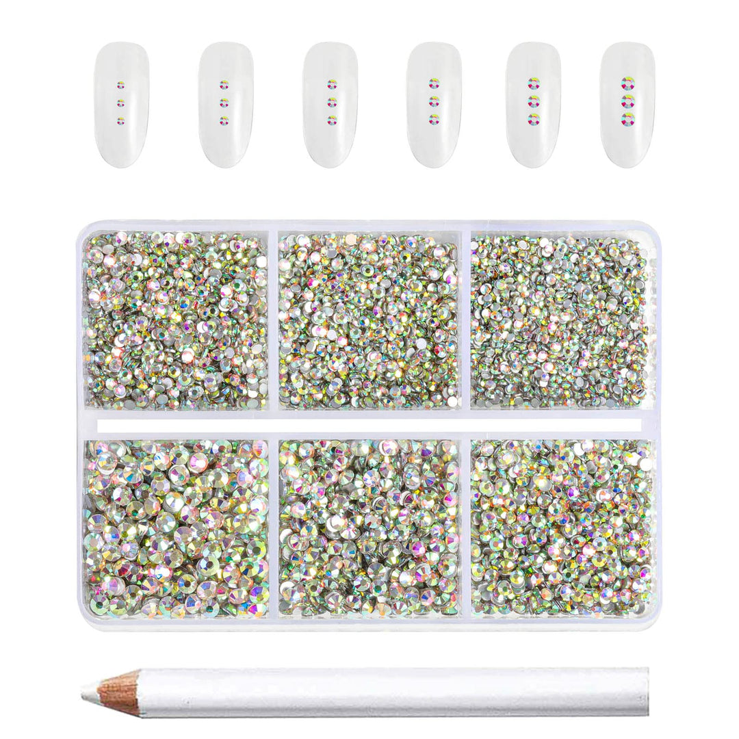 Beadsland Flatback Ab Crystal Rhinestones Nail Gems, Round Rhinestones For Crafts,Mixed 6 Sizes With Wax Pencil Kit, Ss3-Ss10, 7