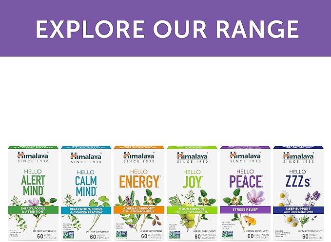 Himalaya Hello Peace, Daily Stress Relief Herbal Supplement, Ashwagandha, Turmeric, Saffron, Eases Nervousness, Relaxation and Calm, Balances Cortisol, Non-GMO, Vegan, 60 Capsules, 30 Day Supply