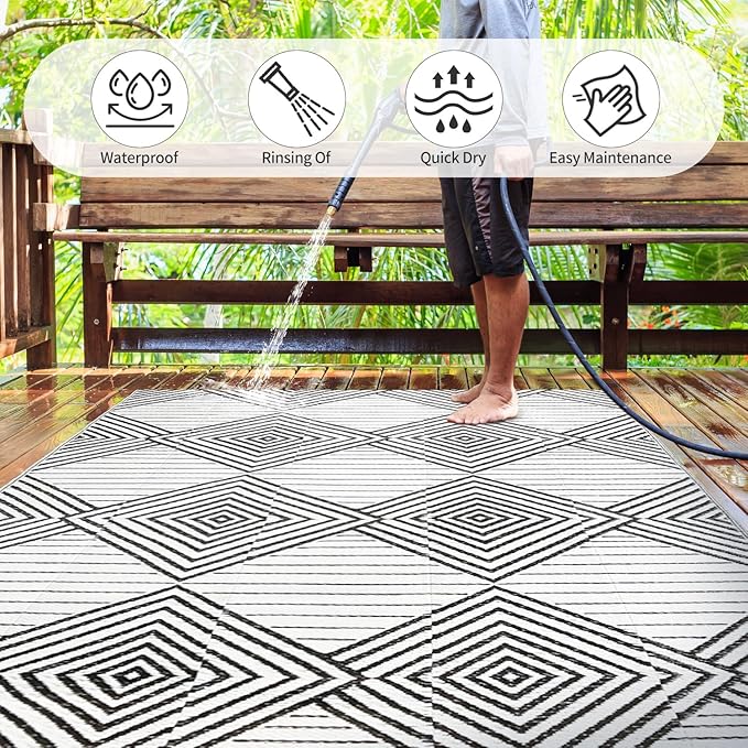Waterproof Outdoor Rug 5x8ft, Foldable Reversible Plastic Straw Mat for Patio RV Deck Porch Backyard Balcony Camping Picnic Beach Indoor Outdoor Carpet, Black&White