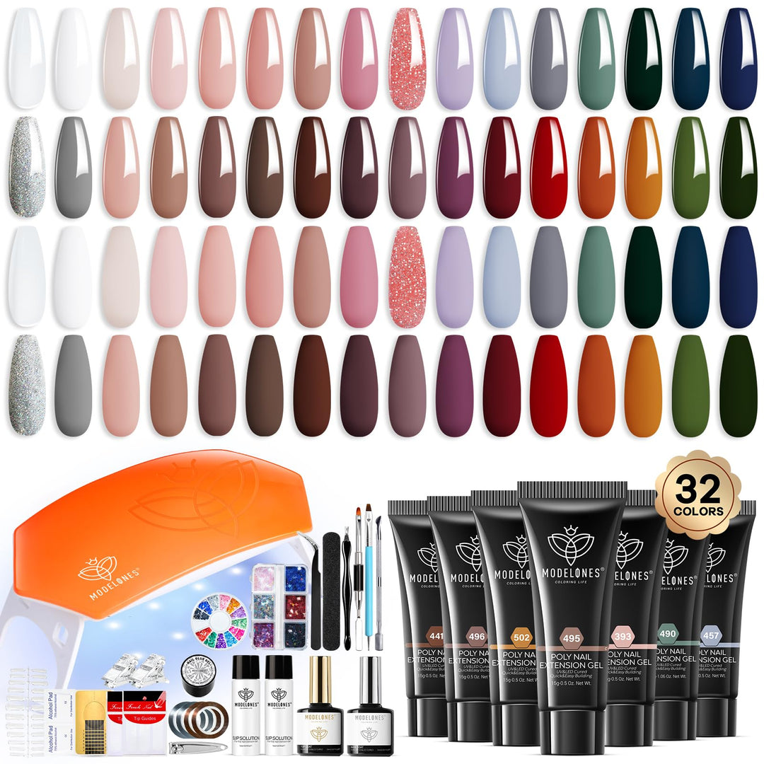 Modelones 133Pcs Poly Nail Gel Kit, 32 Colors Earthy Tones Complete Extension Gel Nail Kit With 8W Lamp Slip Solution Builder To
